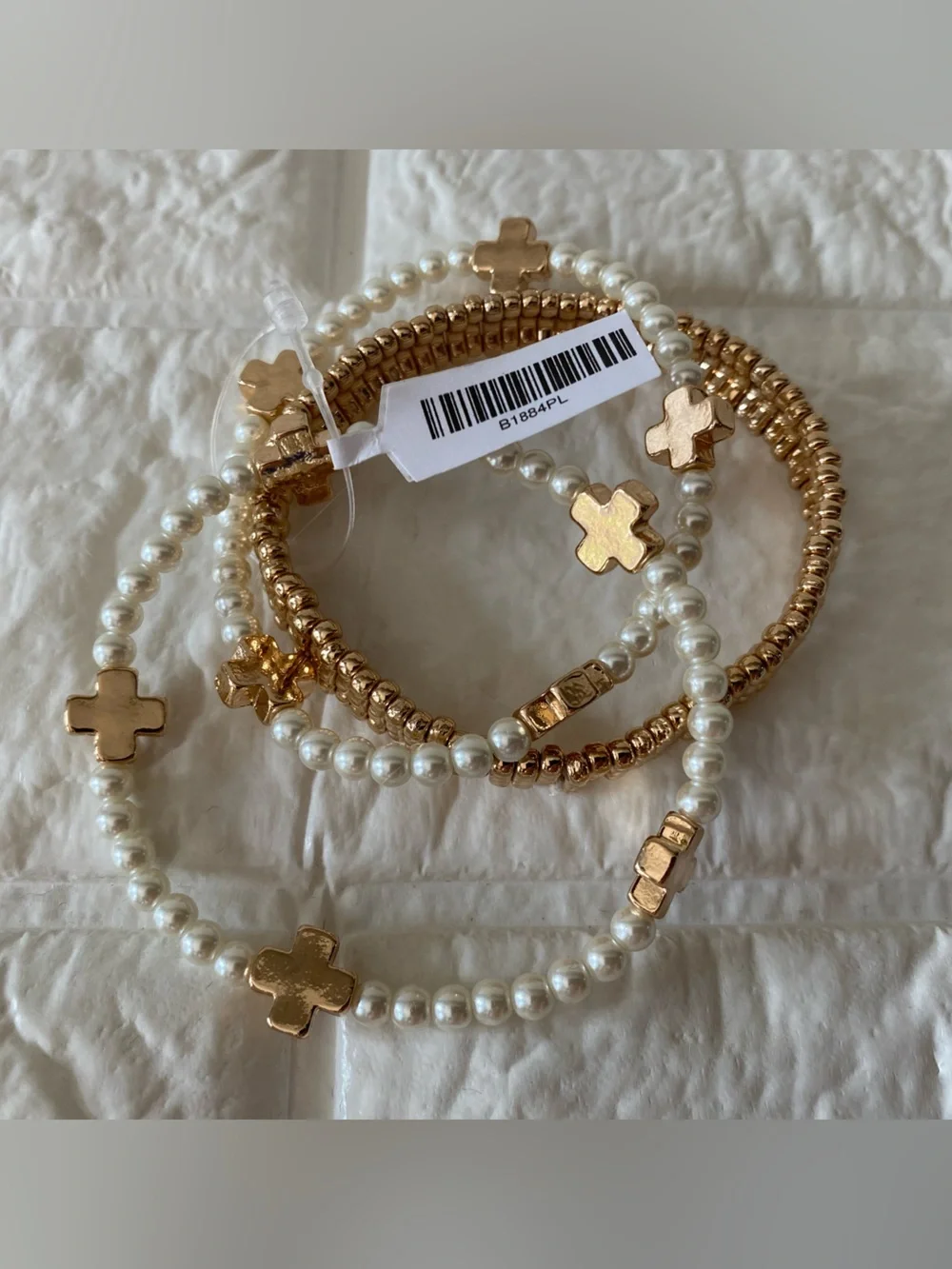 Set of 3 Pearl Gold Cross Bracelets - New With Tags